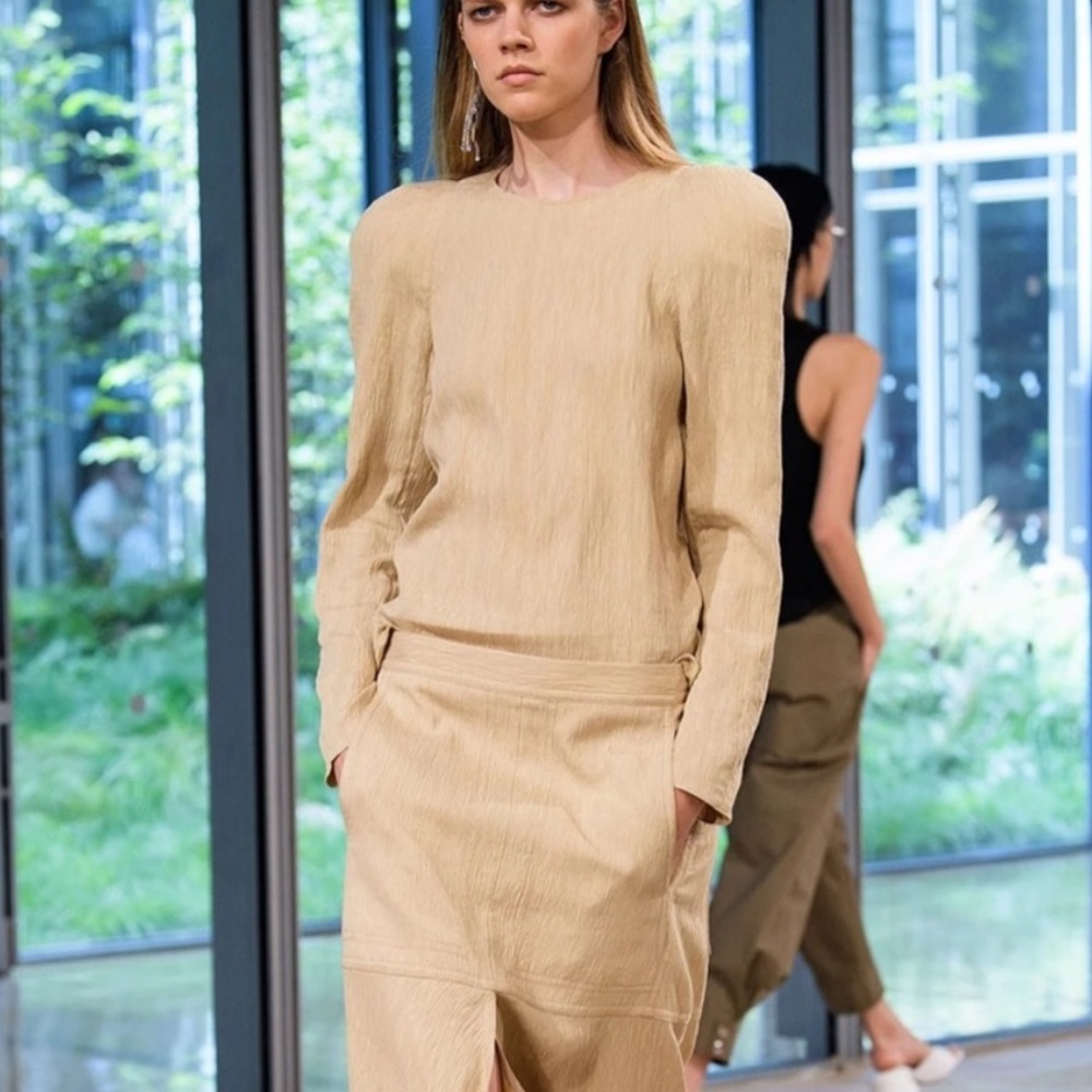 Tibi Viscose Plisse Sculpted Shoulder Top